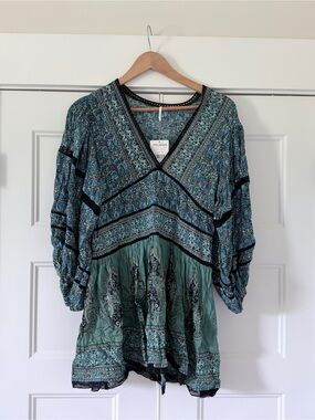 Free People Blue Teal Printed V-Neck Tunic Balloon Sleeves XS